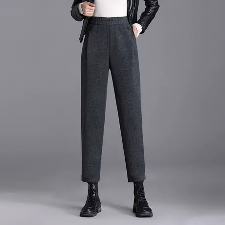 简约松紧腰九分羊毛呢靴裤女2023秋冬新款显瘦大码休闲直筒哈伦裤商品大图