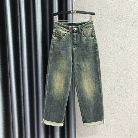 2023新款秋季宽松直筒牛仔裤女哈伦裤棉弹时尚怀旧色垮裤高腰裤子图片