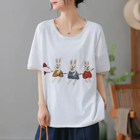 dza复古纯棉短袖T恤女2023夏季薄款圆领打底体恤宽松显瘦套头上衣商品大图