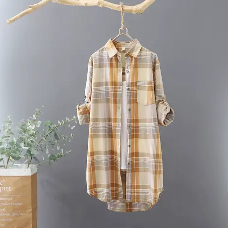 2023年春季新款格子衬衫女中长款宽松衬衣长袖开衫休闲纯棉外套商品大图