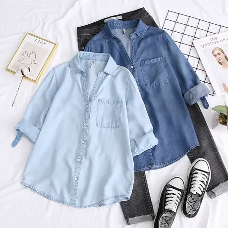 2020春秋冬新品韩版V领天丝牛仔衬衫女百搭打底显瘦宽松牛仔衬衣图片