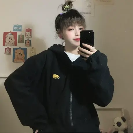 waitmore卫衣女潮ins连帽秋冬韩版宽松bf慵懒风加绒加厚拉链外套商品大图