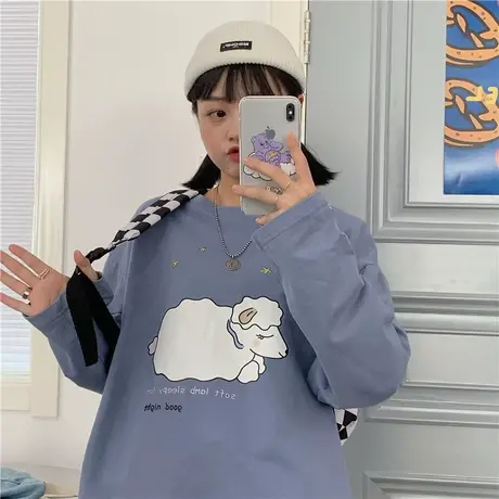 红续原创2023春秋季新款韩版可爱绵羊宽松oversize纯棉长袖卫衣女图片