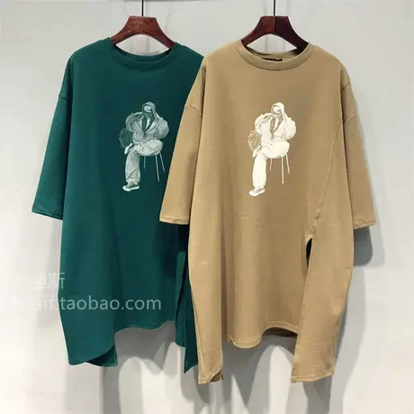 2023春夏新款美女印花宽松韩范前后开叉不对称斜边中长款T恤女潮图片