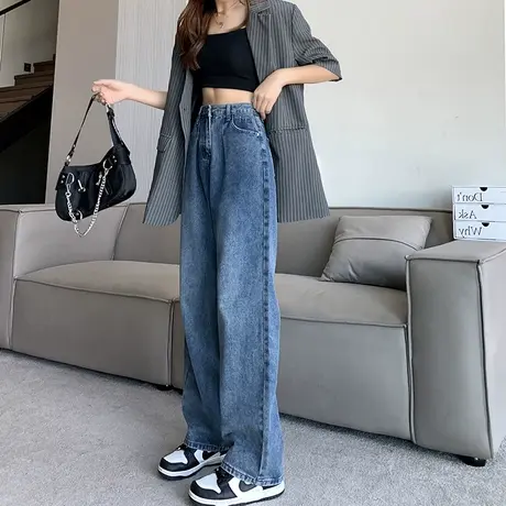2023年春秋新款高腰直筒牛仔裤女宽松显瘦梨形身材垂感阔腿拖地裤商品大图