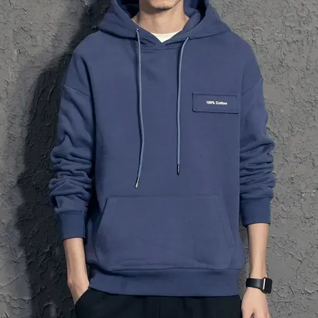 奕飏纯色连帽套头卫衣男创意贴布印花宽松帽衫男潮牌日系复古上衣商品大图