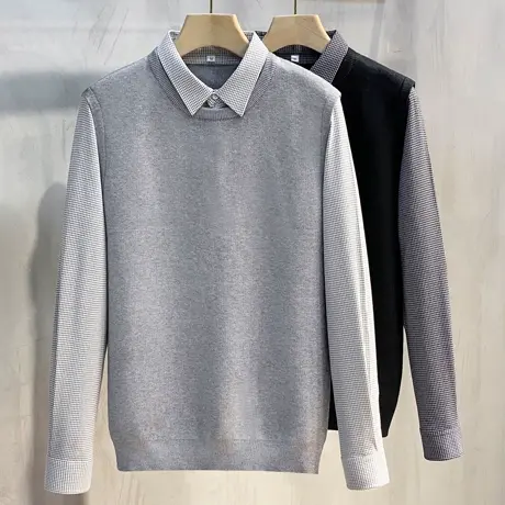 衬衫领毛衣男假两件加厚潮2023秋季韩版休闲带假领针织衫外套上衣图片