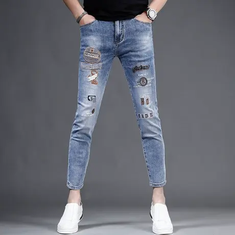 刺绣九分仔裤男修身小脚裤夏季薄款2023新款弹力显瘦男士9分裤子商品大图