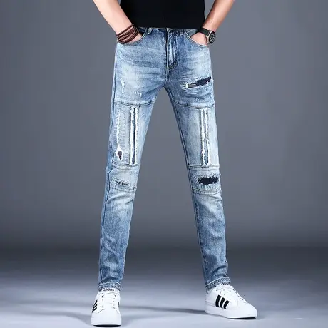 男士美式高街破洞牛仔裤男夏季男款2023新款裤子修身小脚高端潮牌商品大图
