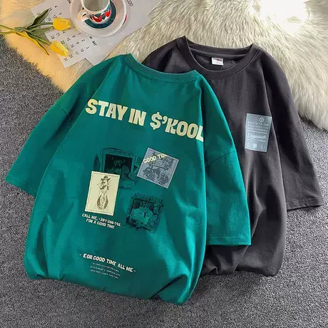 纯棉上装圆领男士短袖T恤夏季薄款夏天2023新款潮牌打底衫情侣装商品大图