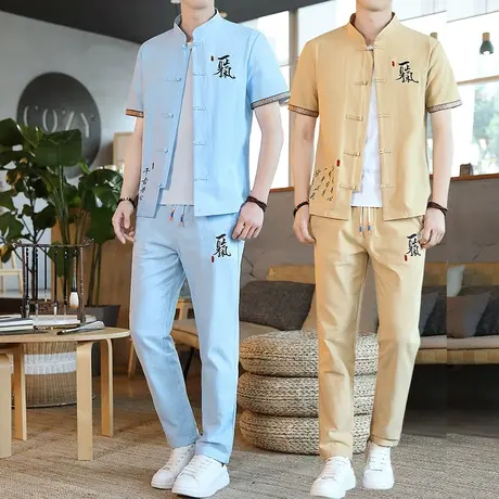 夏季棉麻套装男立领盘扣开衫功夫衫中国风刺绣纯棉中山装短袖汉服商品大图