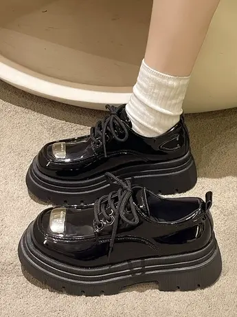 黑色英伦风小皮鞋女2023新款春秋粗跟系带单鞋百搭增高厚底大头鞋图片