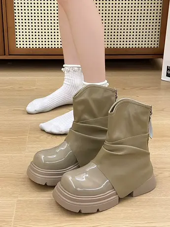 法式厚底短筒马丁靴女2023秋冬新款时尚百搭瘦瘦靴洋气增高裤管靴图片