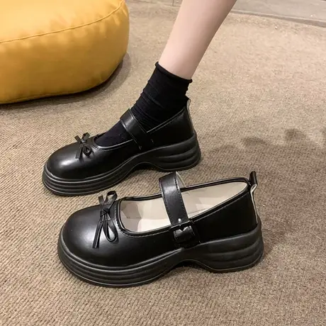 单鞋女2023夏季新款高跟蝴蝶结小个子英伦增高厚底复古ins小皮鞋商品大图