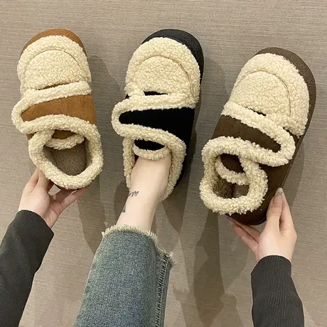 时尚魔术贴加绒棉拖鞋女冬季羊羔毛保暖室内家居厚底防滑包跟棉鞋商品大图
