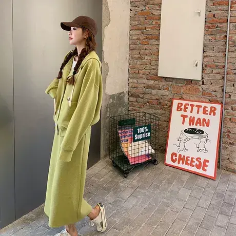 胖mm大码休闲运动风半身裙套装女春秋季连帽卫衣开衫两件套200斤商品大图