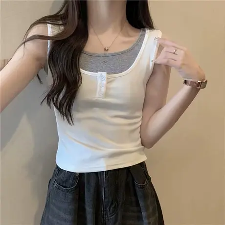 ins超火设计感小众假两件无袖吊带背心T恤女夏季修身显瘦短款上衣商品大图
