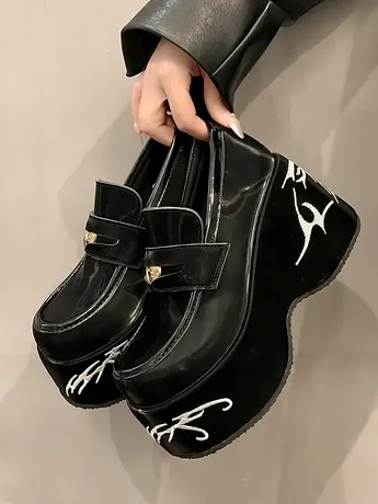 原创设计感蝴蝶刺绣厚底玛丽珍鞋女2024春秋冬新款增高黑色小皮鞋商品大图