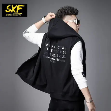 SXF圣希梵马甲男 2023秋季新款连帽字母印花背心痞帅坎肩男士马夹商品大图