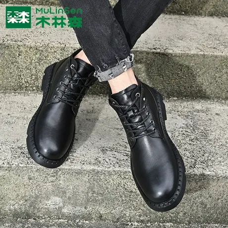 木林森2023新款真皮机车马丁靴男士增高英伦风耐磨保暖黑色工装靴商品大图