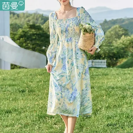 茵曼官方旗舰店打底连衣裙女装2023年秋季新款长袖收腰碎花裙子商品大图