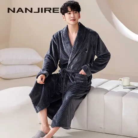 南极人睡袍男士冬天加厚加绒法兰绒睡衣保暖大码家居服长款浴袍QG图片