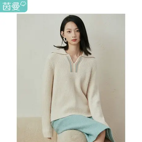 茵曼气质V领针织毛衣女装2023年冬季新款简约翻领显瘦慵懒风上衣商品大图