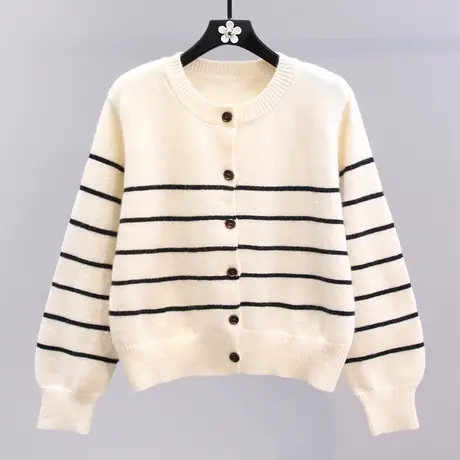 小香风条纹毛衣外套女秋冬2023新款宽松显瘦高级感洋气针织开衫图片