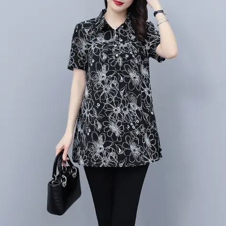 短袖衬衫女夏季2023年新款大码女装中长款洋气时髦胖MM遮肚子小衫商品大图