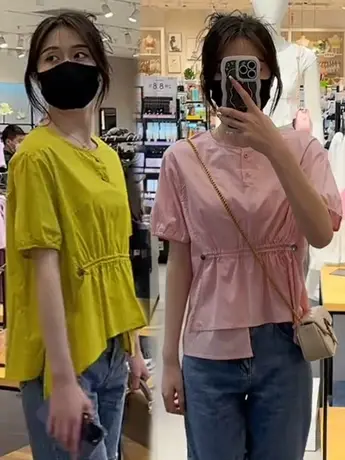 减龄衬衫抽褶弹力收腰短袖衬衣女夏新款不规则设计感洋气小衫上衣商品大图