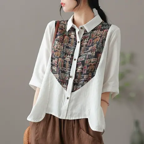 dza 复古高端亚麻上衣女士短袖衬衫夏季薄款漂亮开衫气质棉麻衬衣图片