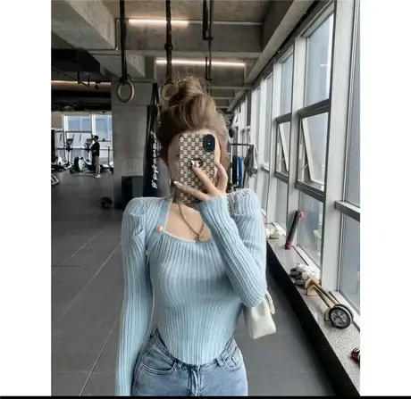 蓝色长袖针织衫女2022秋冬新款毛衣打底衫甜美马海毛方领修身上衣商品大图