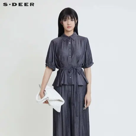 【商场同款】sdeer圣迪奥女翻领收腰压褶垂坠短袖衬衫S24280402图片
