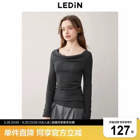 乐町黑色打褶收腰荡领长袖T恤女2025春季新款一字肩修身打底上衣商品大图