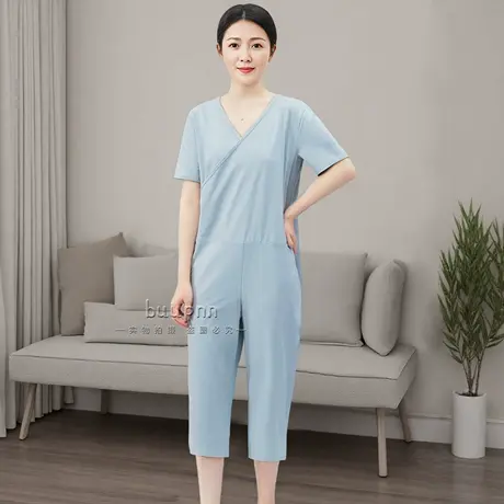 成人连体睡衣女短袖七分裤夏季睡觉穿的义领睡衣套装商品大图