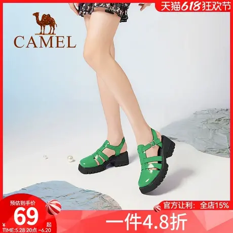 骆驼女鞋夏季新款休闲猪笼鞋罗马凉鞋女真皮厚底粗跟凉鞋女商品大图