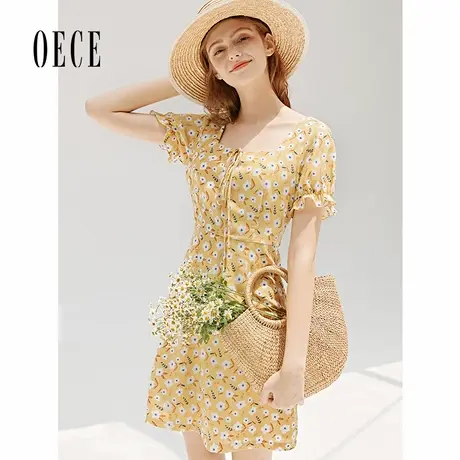 Oece春夏装新款樱草黄太阳花清新元气复古碎花连衣裙图片