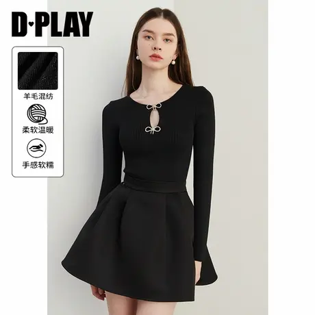 DPLAY2025春季新款黑色针织衫长袖修身蝴蝶结打底衫女上衣毛衫商品大图