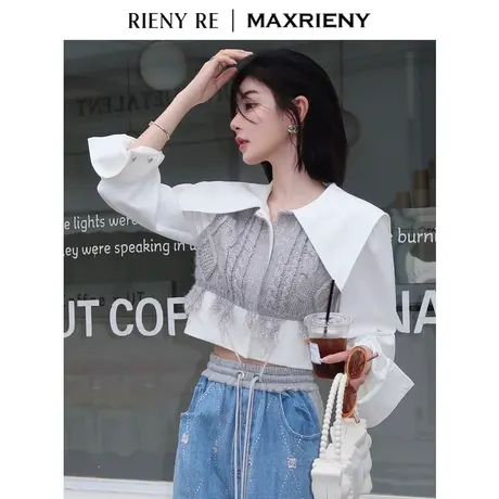 RIENYRE衬衫女春秋季假两件截短式大翻领拼接针织衬衫长袖上衣女商品大图