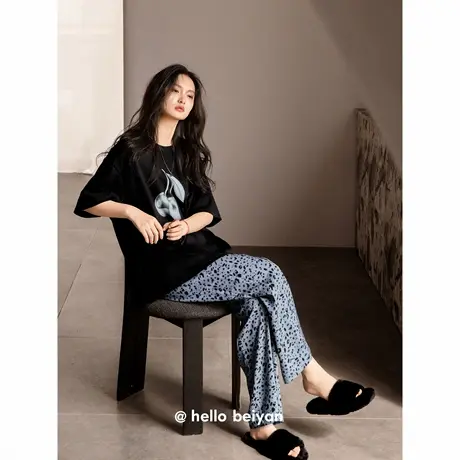 贝妍睡衣女款夏季短袖长裤莫代尔棉家居服慵懒宽松少女可外穿套装商品大图