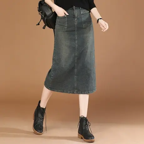 韩潮袭人复古时尚A字牛仔半身裙女2023秋季新款显瘦设计感中长裙图片