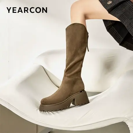 意尔康女鞋秋冬季长靴不过膝高筒靴瘦瘦靴单靴粗跟厚底骑士靴V口商品大图