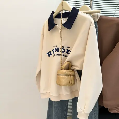 美式复古Polo领长袖卫衣女早秋2025新款宽松韩版半拉链上衣外套潮商品大图