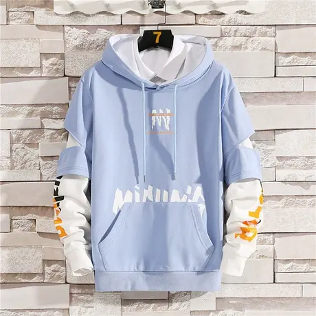 2023新款连帽卫衣男秋季港风假两件长袖t恤男潮牌学生秋装上衣服商品大图