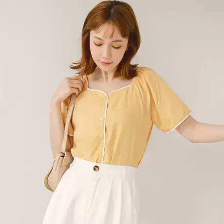 桔熊夏季通勤方领衬衫修身纯色舒适简约短袖上衣女装大码AB17333商品大图