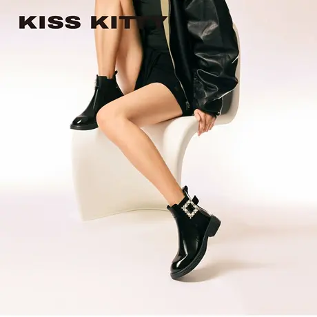 KISSKITTY马丁靴女款2025新款英伦风黑色短筒真皮切尔西短靴子商品大图