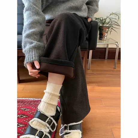 唐狮秋冬新款加绒休闲长裤女咖色松紧腰直筒加厚运动卫裤工装tu图片