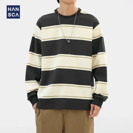 hansca 300g重磅长袖t恤男2024年秋冬季宽松条纹撞色百搭圆领上衣商品大图