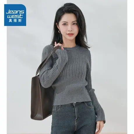 KF真维斯简约女式纯色圆领针织衫 2025秋季新品通勤灰色套头毛衣商品大图