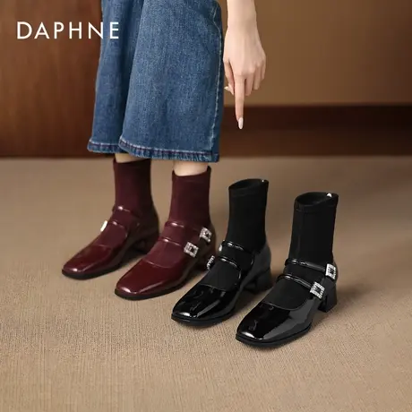 达芙妮弹力瘦瘦靴女2026新款春季复古粗跟短靴法式高跟玛丽珍袜靴商品大图